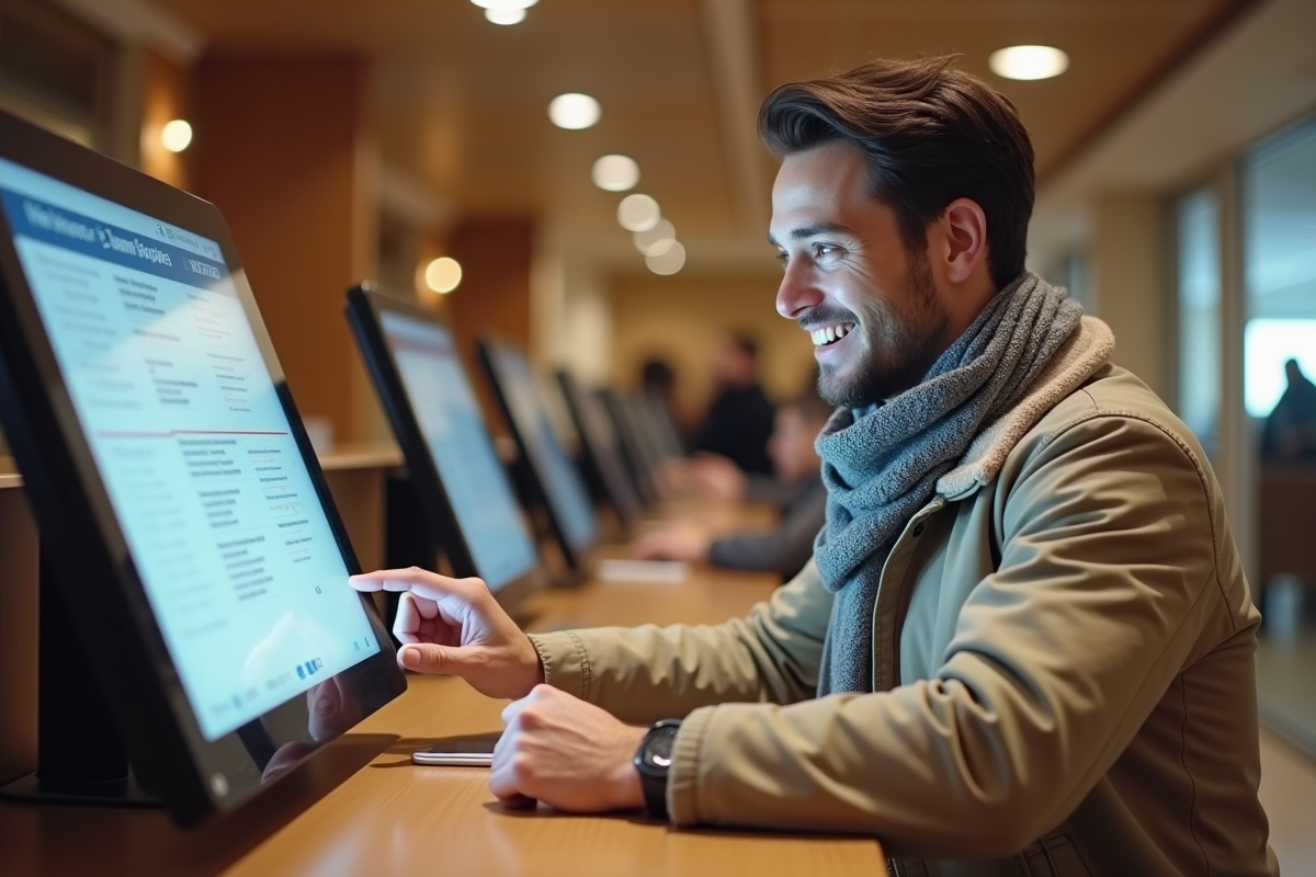 Jeune homme utilisant un terminal numérique en mairie moderne