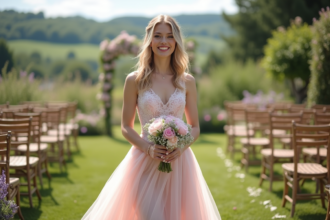 Jeune mariée souriante en robe pastel dans un jardin