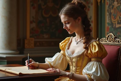 Jeune reine en robe royale du 17e siècle assise dans un palais