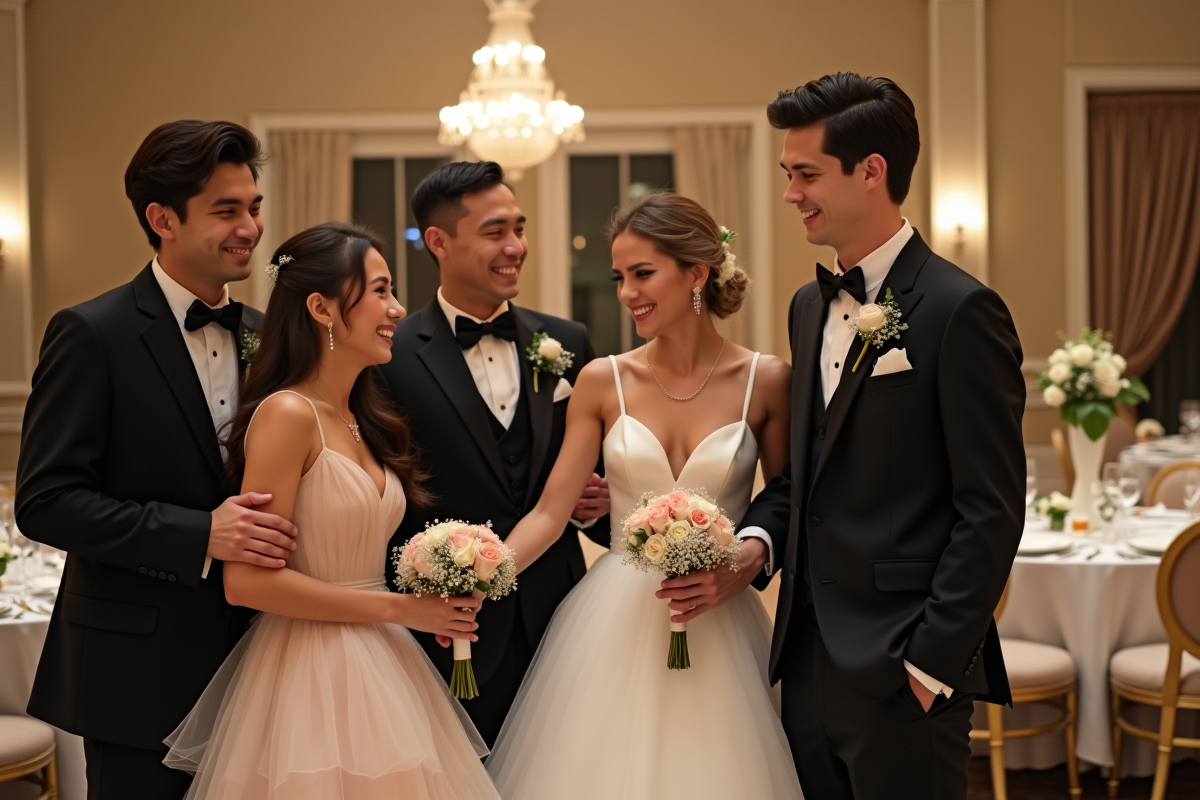 Jeunes mariés riant lors d'un jeu de mariage en intérieur