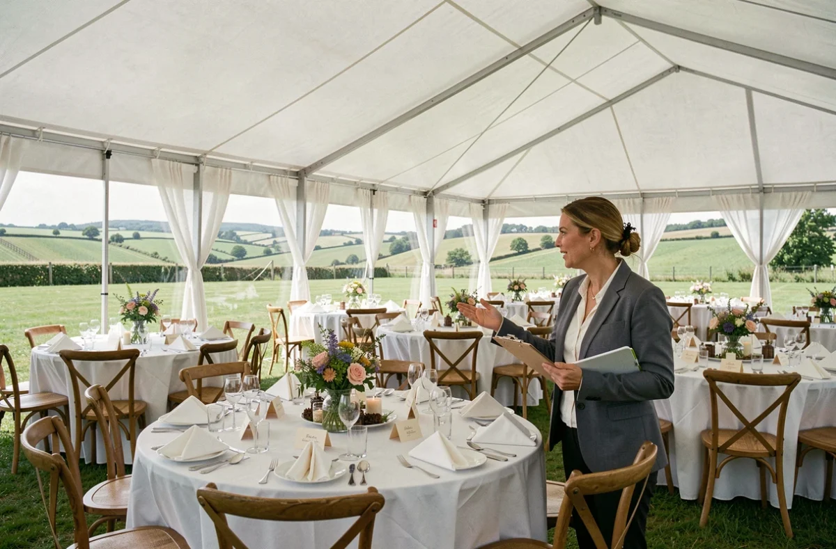 Coordinatrice de réception organisant les tables sous une tente de mariage élégante à Urville en Normandie