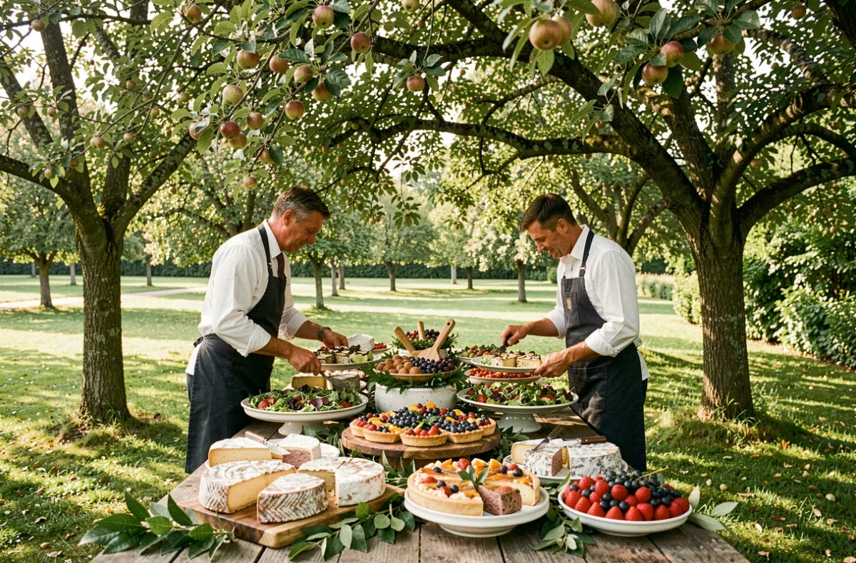 Buffet de mariage événementiel sous des pommiers normands avec produits locaux et personnel traiteur