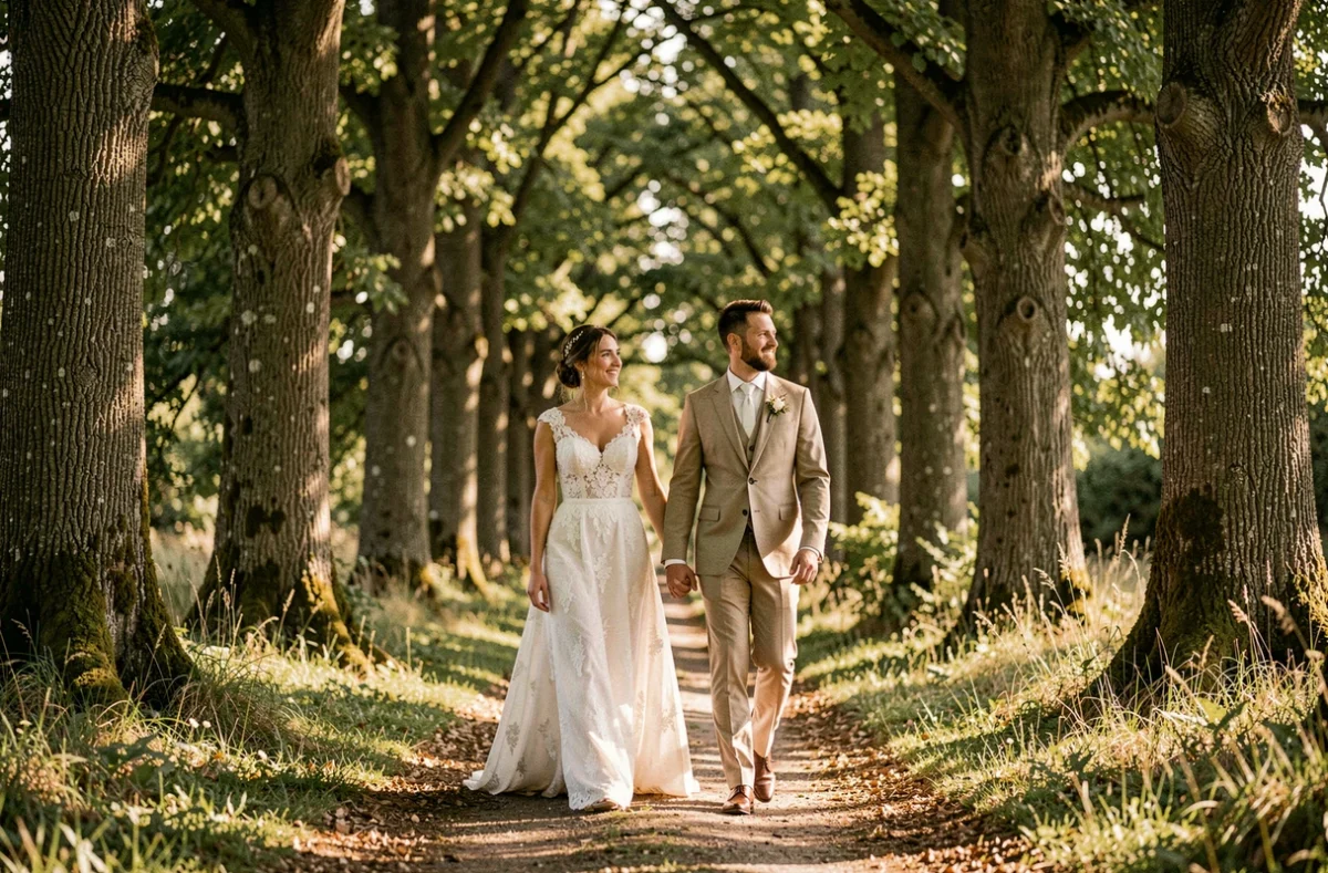 Mariés se promenant dans une forêt bretonne, reportage de Lilian Vezin Photographies dans le Morbihan