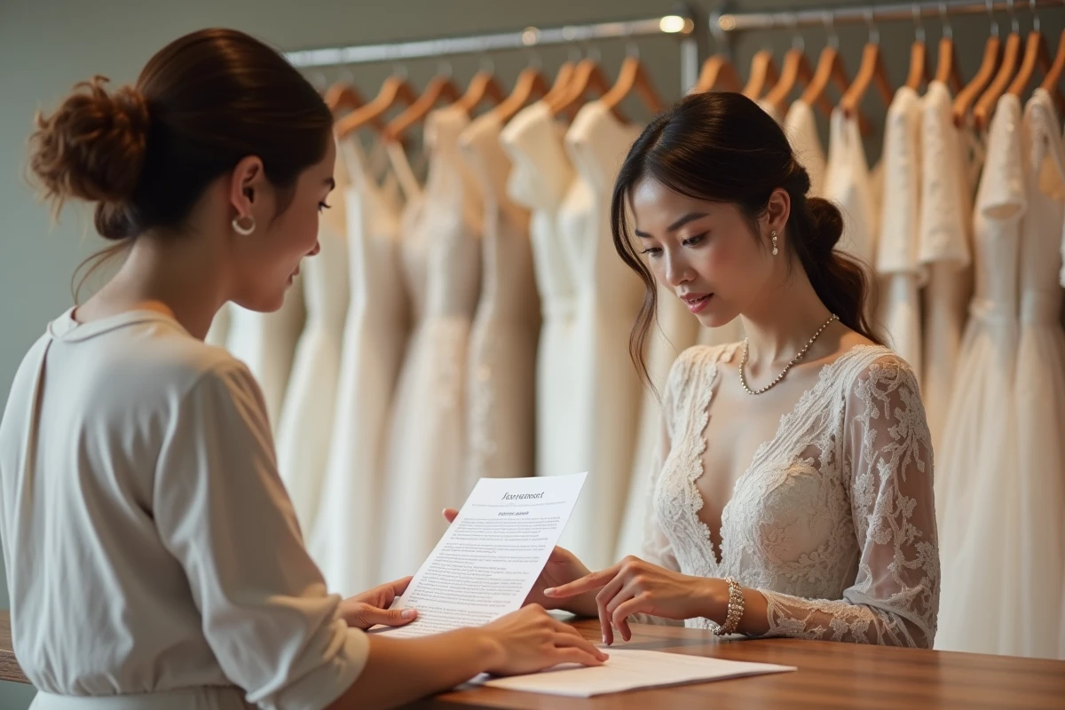 Deux femmes discutant d'un contrat de location de robe de mariée dans un studio de location nuptiale avec portant de robes en arrière-plan