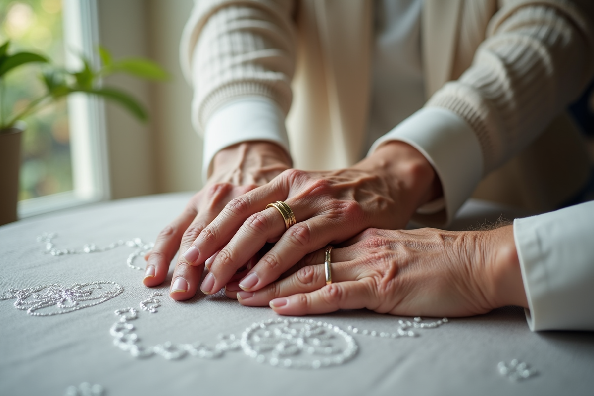 Mains âgées avec alliances lors de la célébration diamant