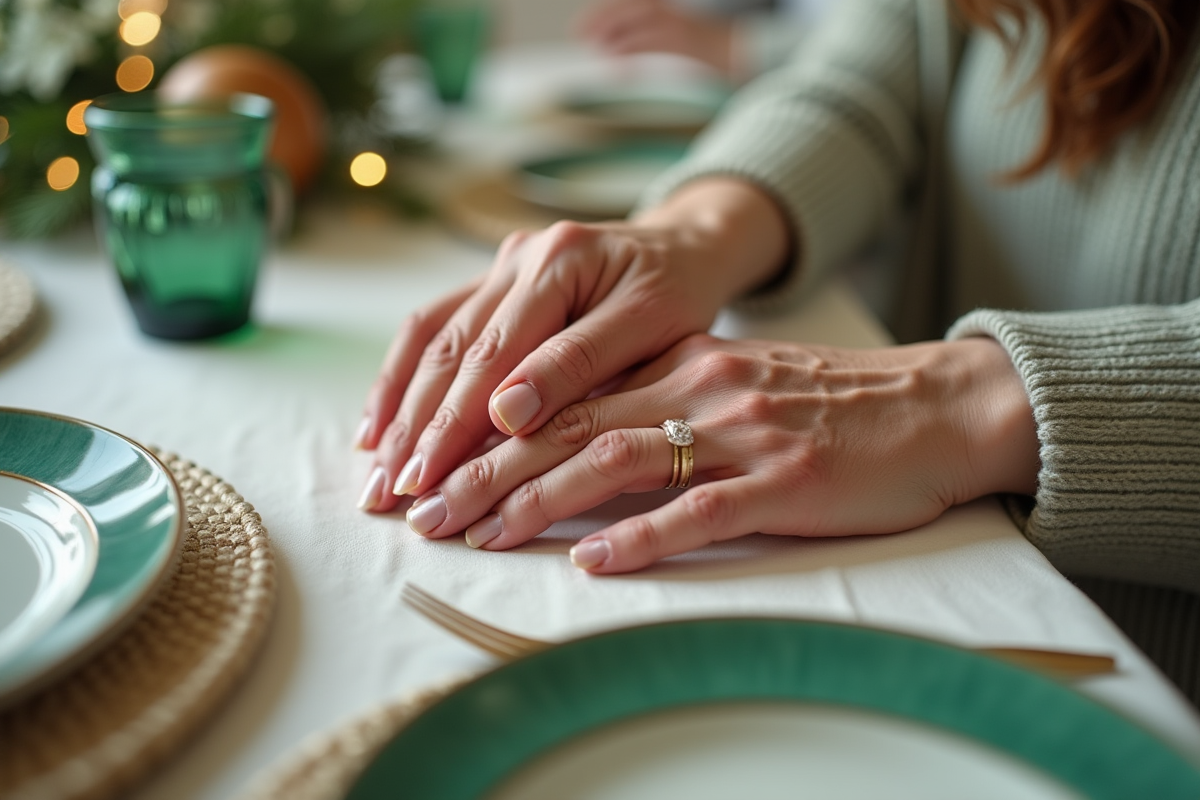 Mains avec alliances touchant sur une table festive