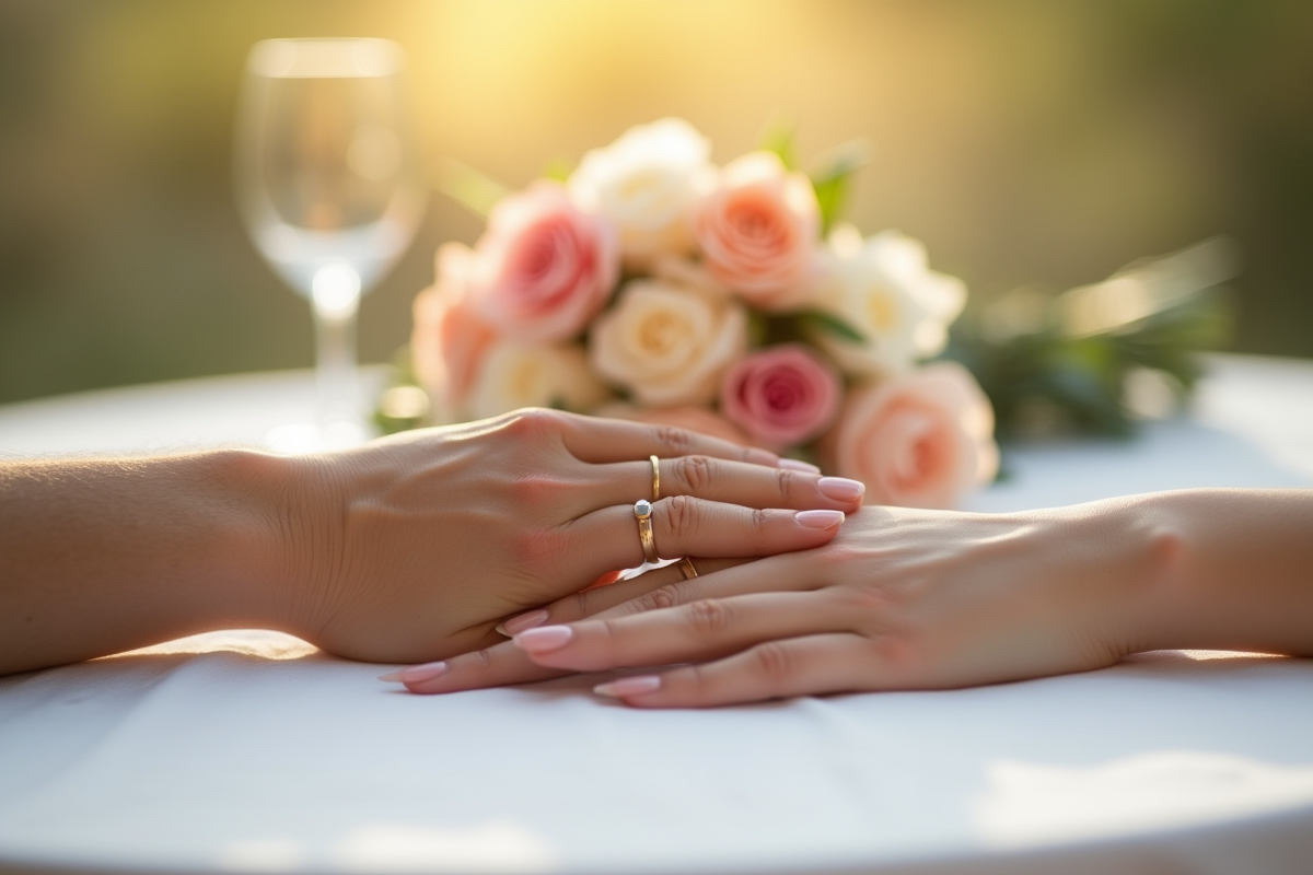 Mains entrelacees avec bagues de mariage sur nappe blanche