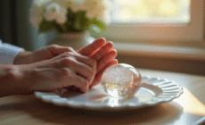 Mains d'un couple mature sur une porcelaine élégante symbolisant durabilite