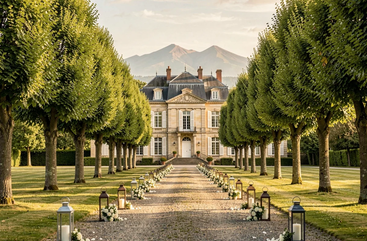 Manoir de Veygoux et son allée d'arbres décorée de lanternes et de fleurs blanches pour un mariage