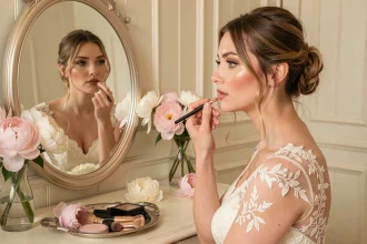 Mariée en robe ivoire appliquant un maquillage naturel et lumineux devant un miroir vintage dans une salle de préparation élégante