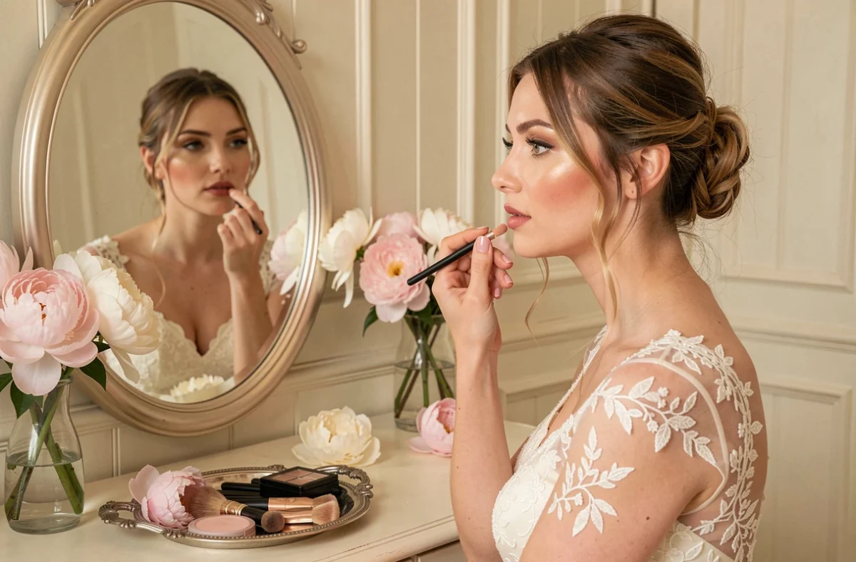 Mariée en robe ivoire appliquant un maquillage naturel et lumineux devant un miroir vintage dans une salle de préparation élégante