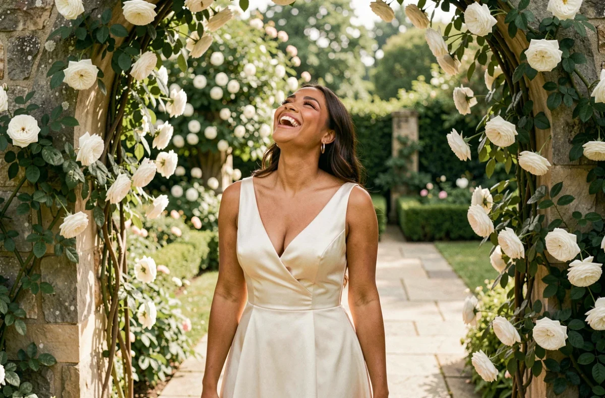 Mariée à la carnation dorée en robe ivoire satinée avec un maquillage bronze et nude dans un jardin fleuri