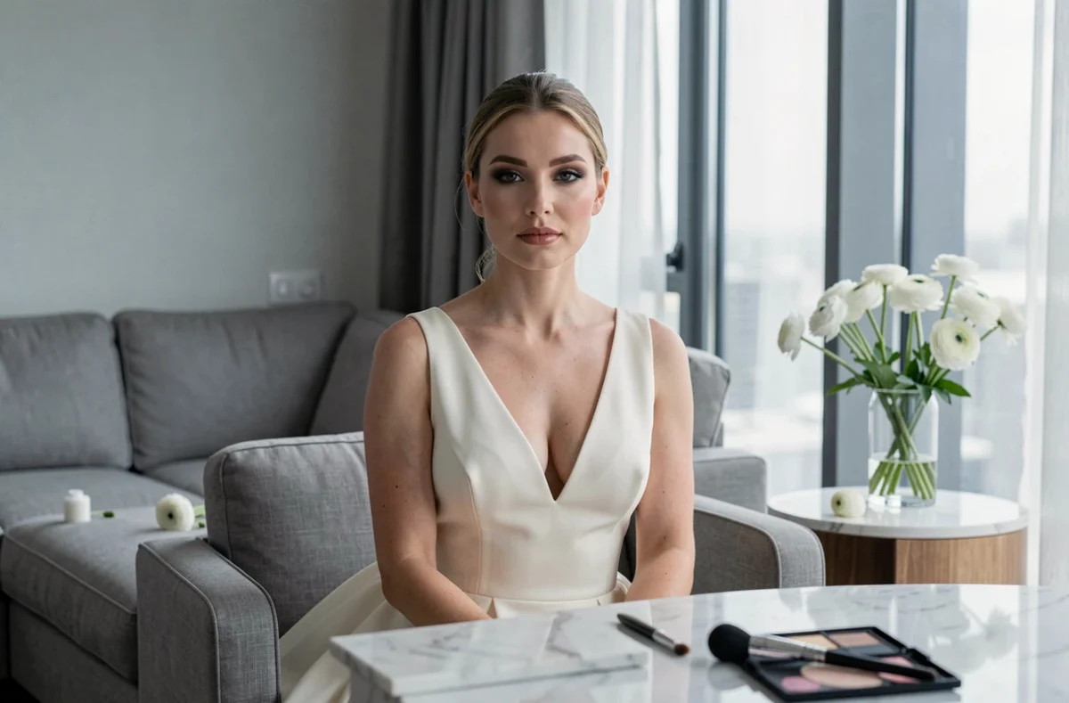 Mariée au teint porcelaine en robe ivoire structurée avec un maquillage smoky taupe élégant dans une suite hôtelière moderne