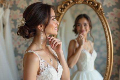 Femme souriante en robe de mariée avec bijoux devant miroir