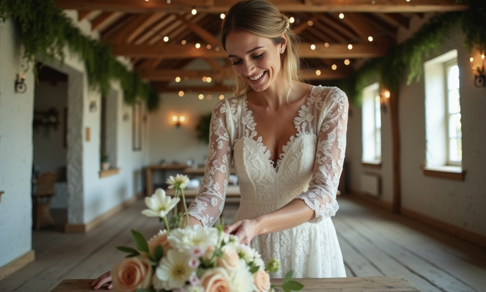 Mariée souriante en robe blanche arrangeant des centres de fleurs