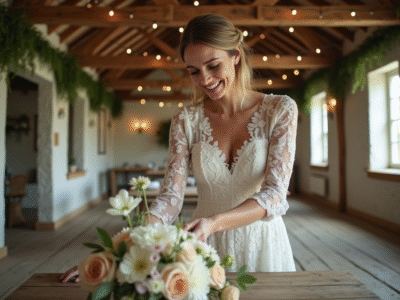 Mariée souriante en robe blanche arrangeant des centres de fleurs