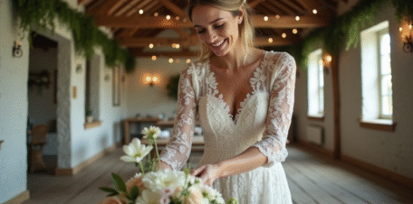 Mariée souriante en robe blanche arrangeant des centres de fleurs