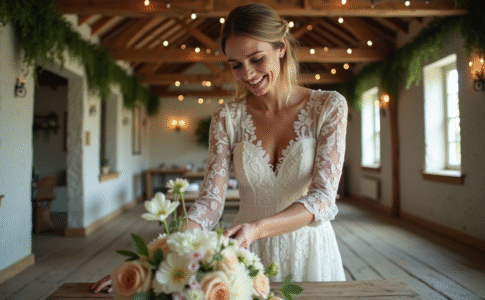 Mariée souriante en robe blanche arrangeant des centres de fleurs