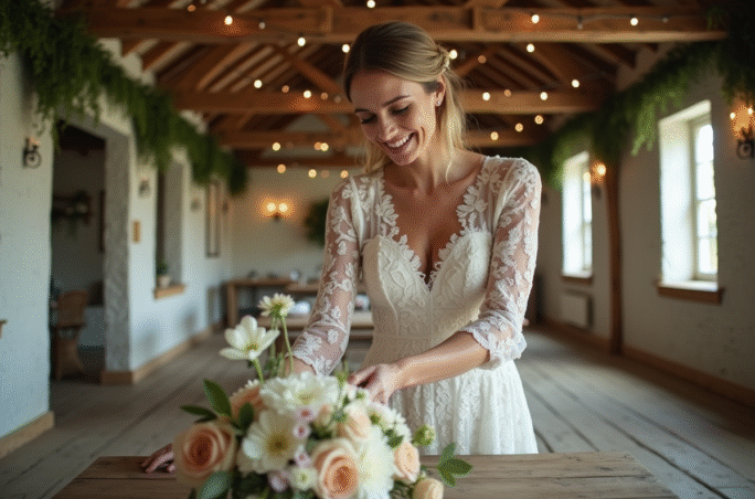 Mariée souriante en robe blanche arrangeant des centres de fleurs