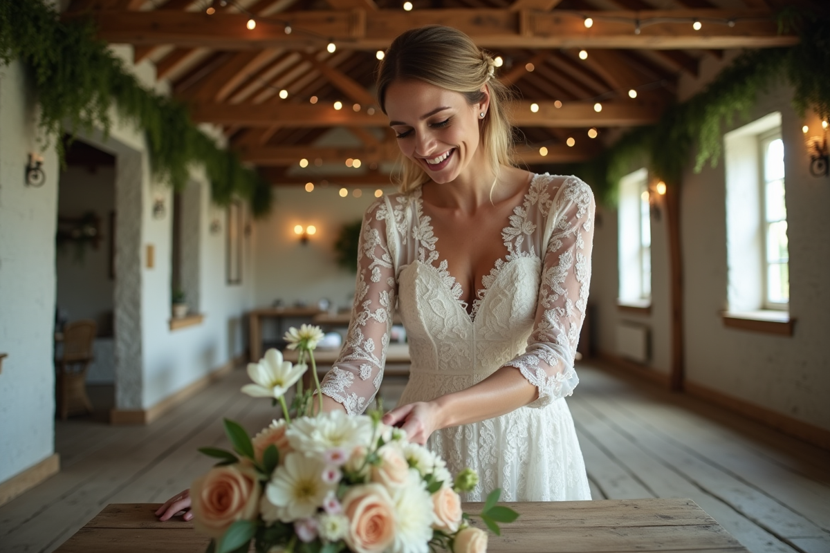 Mariée souriante en robe blanche arrangeant des centres de fleurs