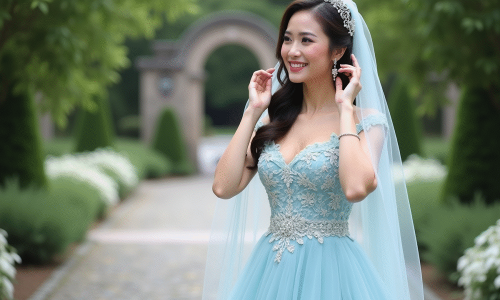 Jeune mariée en robe pastel ajustant son voile floral