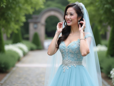 Jeune mariée en robe pastel ajustant son voile floral