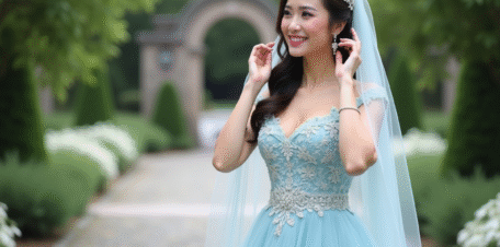 Jeune mariée en robe pastel ajustant son voile floral