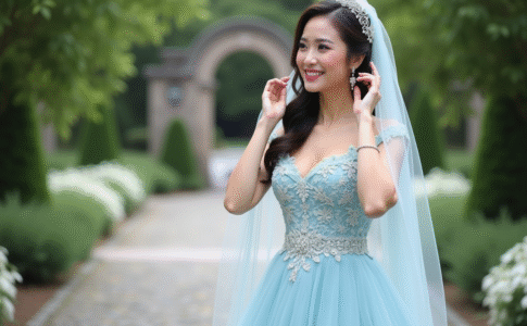 Jeune mariée en robe pastel ajustant son voile floral