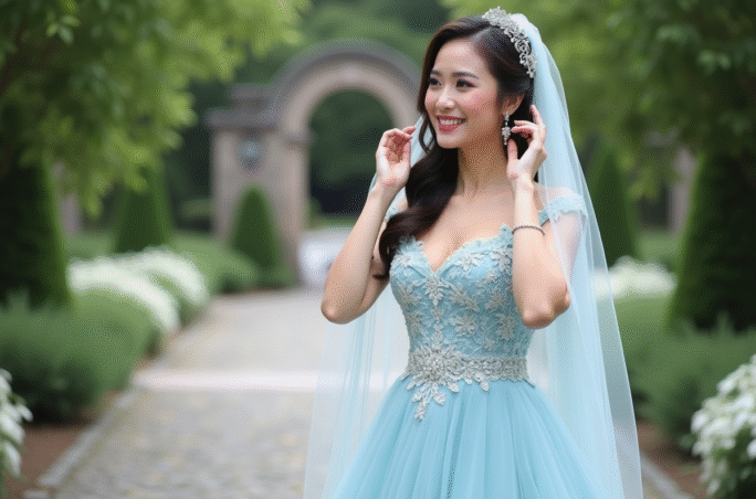 Jeune mariée en robe pastel ajustant son voile floral