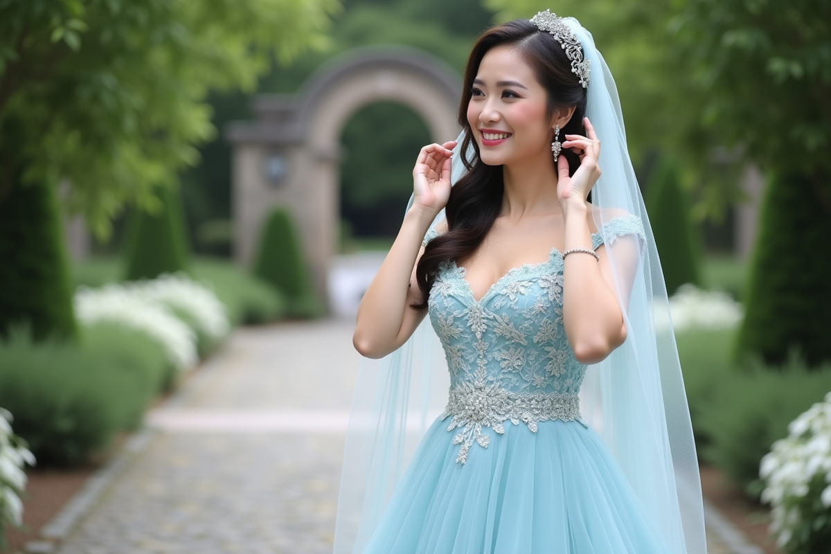 Jeune mariée en robe pastel ajustant son voile floral