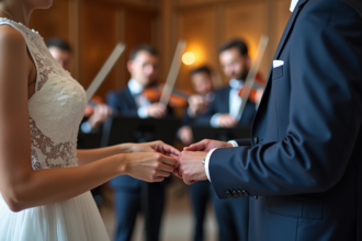 Jeune couple échangeant des alliances lors d'une cérémonie élégante