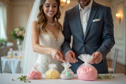 Jeune couple de mariés souriants préparant des dragées