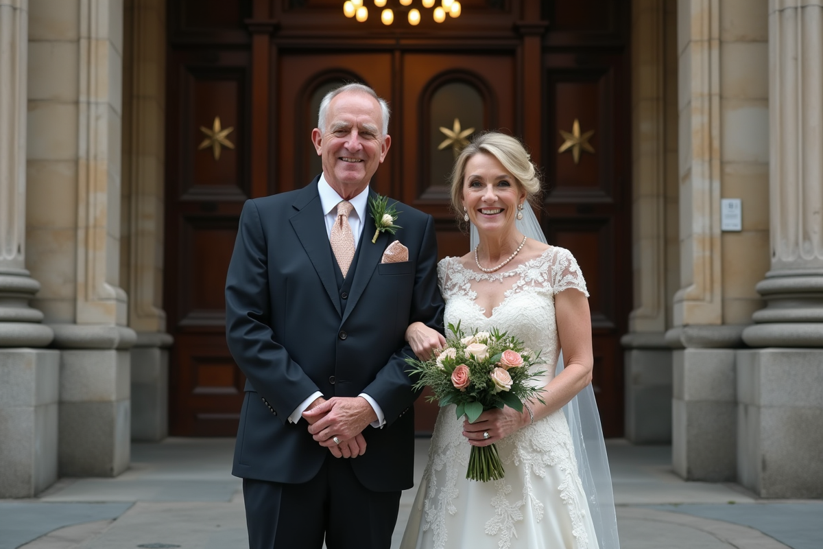 Couple marié posant devant la mairie en ville