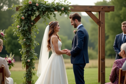 Jeune couple échangeant vœux dans un mariage en plein air