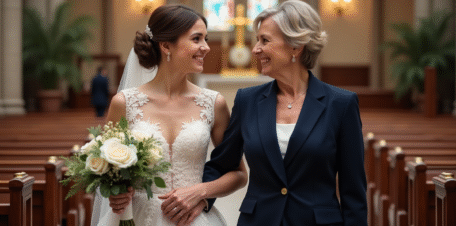 Jeune mariée et sa mère souriante dans une église