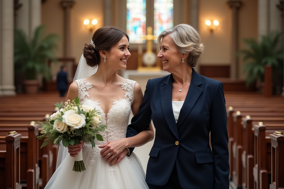 Jeune mariée et sa mère souriante dans une église