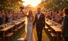 Célébration de mariage en plein air au coucher du soleil avec des invités lançant des pétales