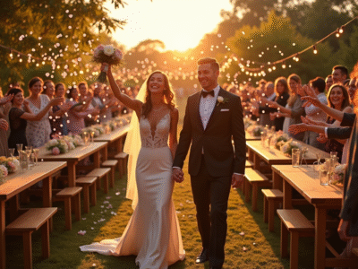 Célébration de mariage en plein air au coucher du soleil avec des invités lançant des pétales