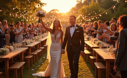 Célébration de mariage en plein air au coucher du soleil avec des invités lançant des pétales