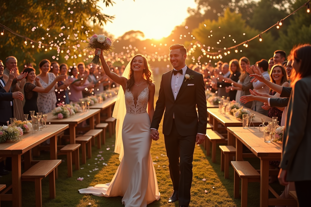 Célébration de mariage en plein air au coucher du soleil avec des invités lançant des pétales