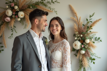 Jeune couple de mariés admirant une decoration florale