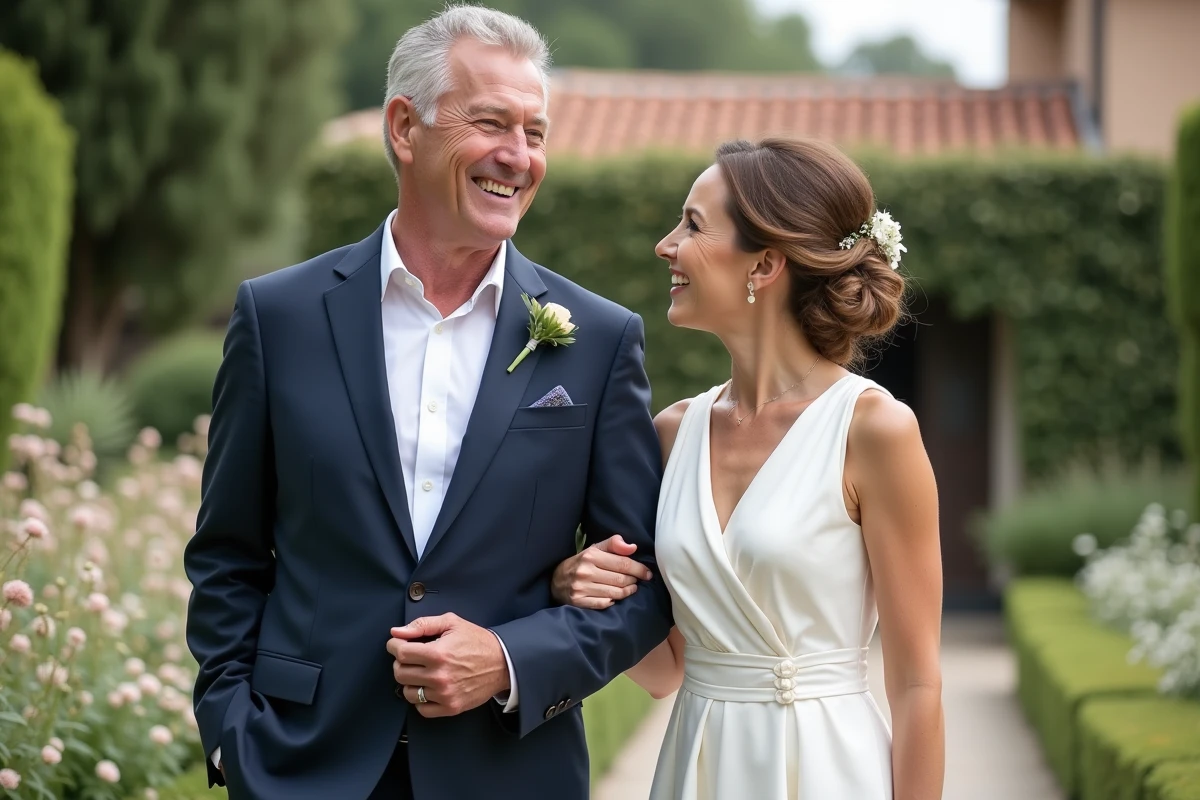 Femme en robe blanche et homme en costume dans un jardin