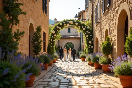 Village de Gordes en Provence décoré pour un mariage de luxe avec arche florale en roses blanches sur des ruelles pavées en pierre