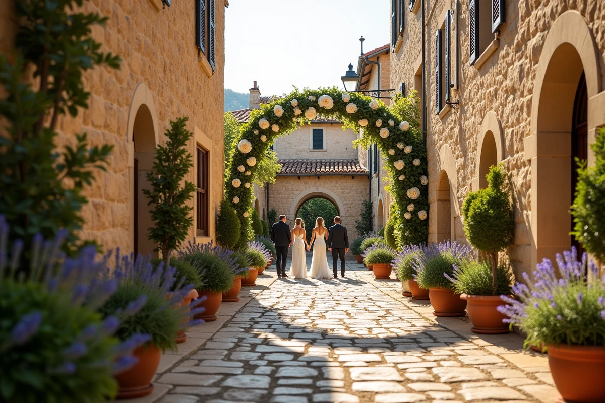 Village de Gordes en Provence décoré pour un mariage de luxe avec arche florale en roses blanches sur des ruelles pavées en pierre