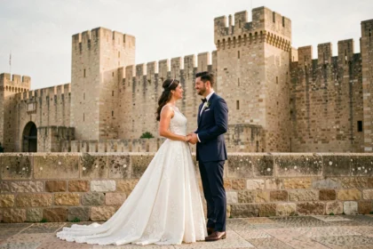 Couple de mariés devant les remparts médiévaux de Carcassonne lors d'une séance photo de mariage