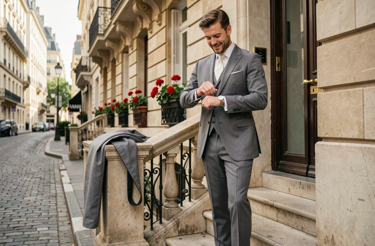 Marié en costume de location devant un immeuble haussmannien à Paris le jour du mariage