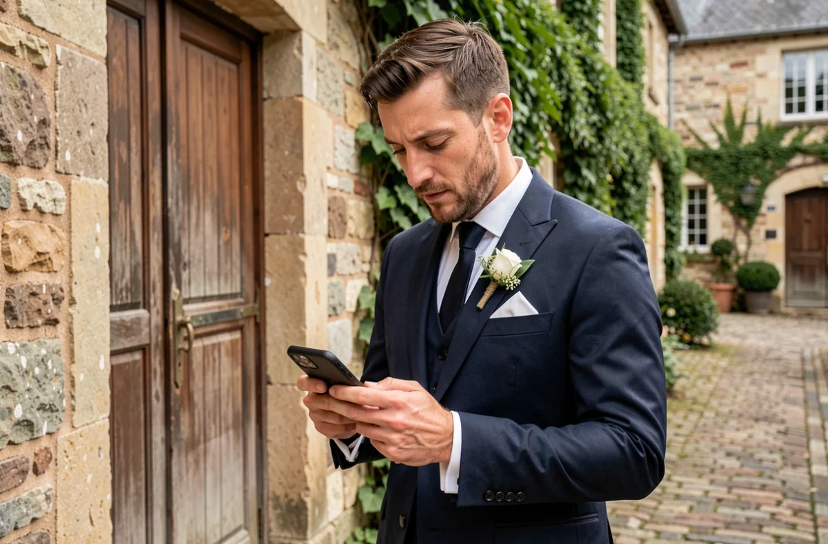 Marié en costume marine consultant les réseaux sociaux devant un mur en pierre lors d'un mariage à la campagne