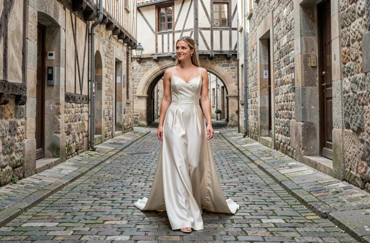 Mariée marchant seule dans les ruelles pavées de la Cité médiévale de Carcassonne