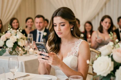 Mariée en robe de dentelle blanche regardant son téléphone lors de la réception de mariage, thème réseaux sociaux