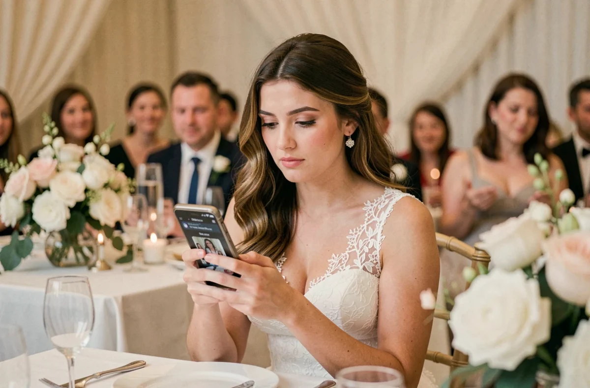 Mariée en robe de dentelle blanche regardant son téléphone lors de la réception de mariage, thème réseaux sociaux